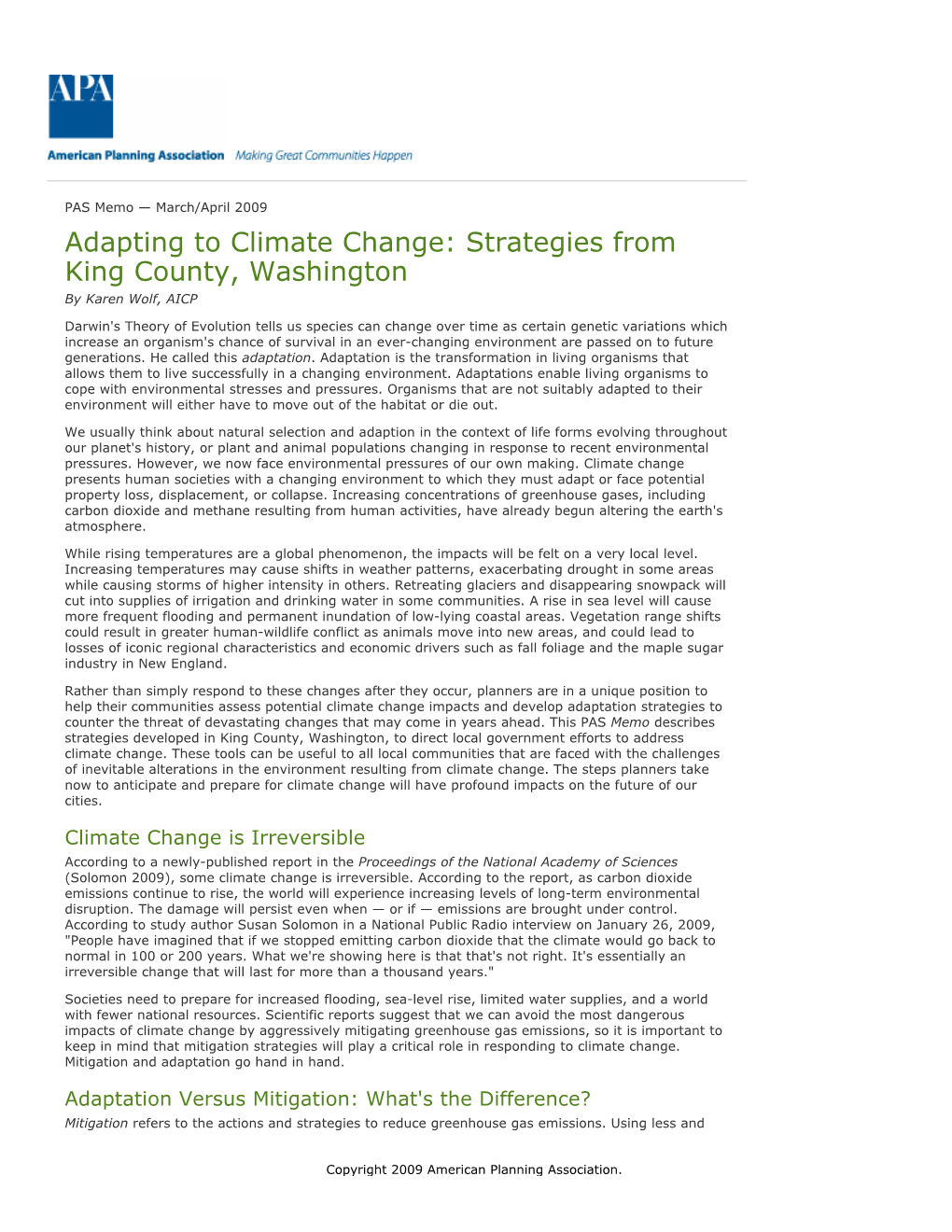 Adapting to Climate Change: Strategies from King County, Washington by Karen Wolf, AICP