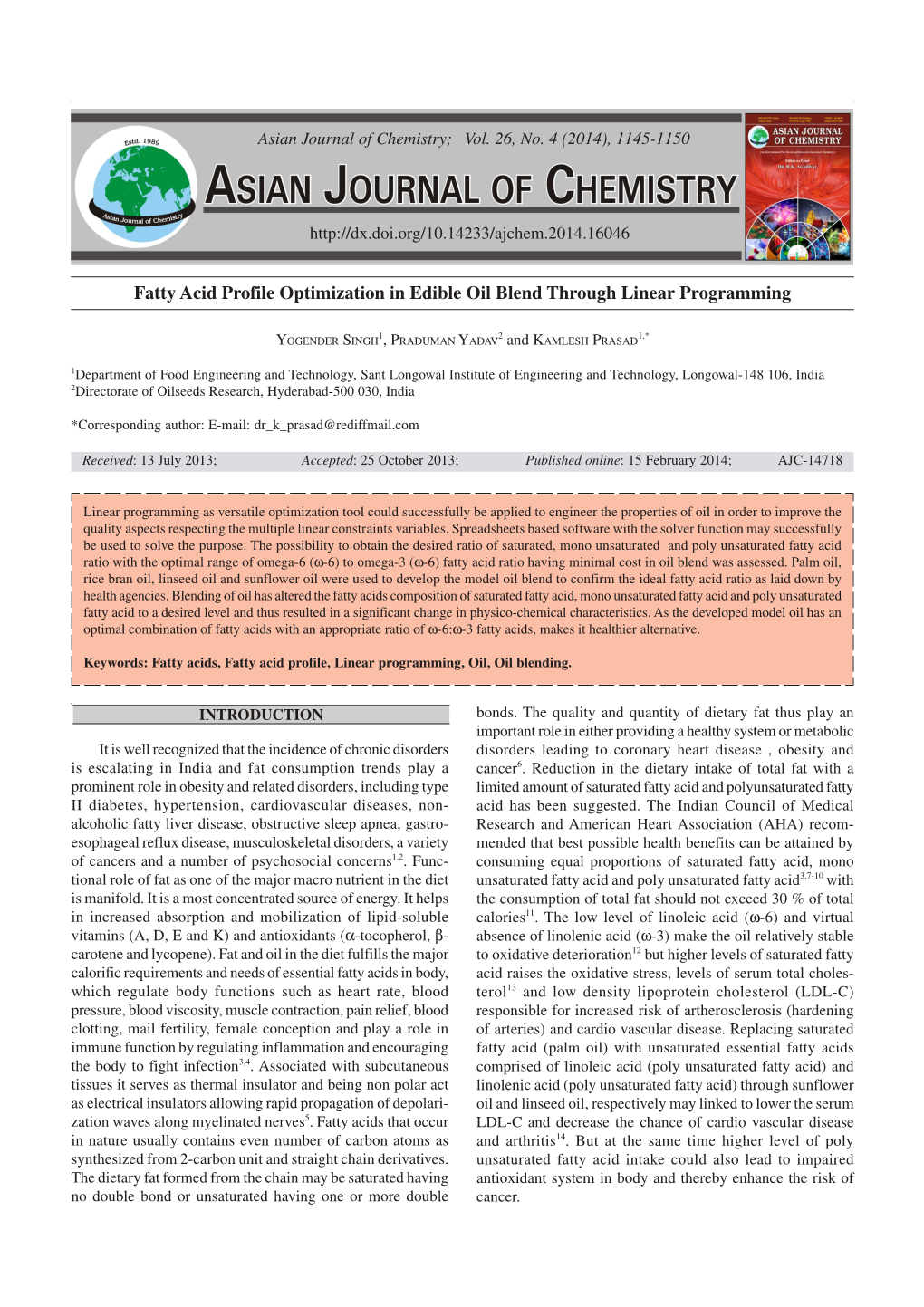 Fatty Acid Profile Optimization in Edible Oil Blend Through Linear Programming