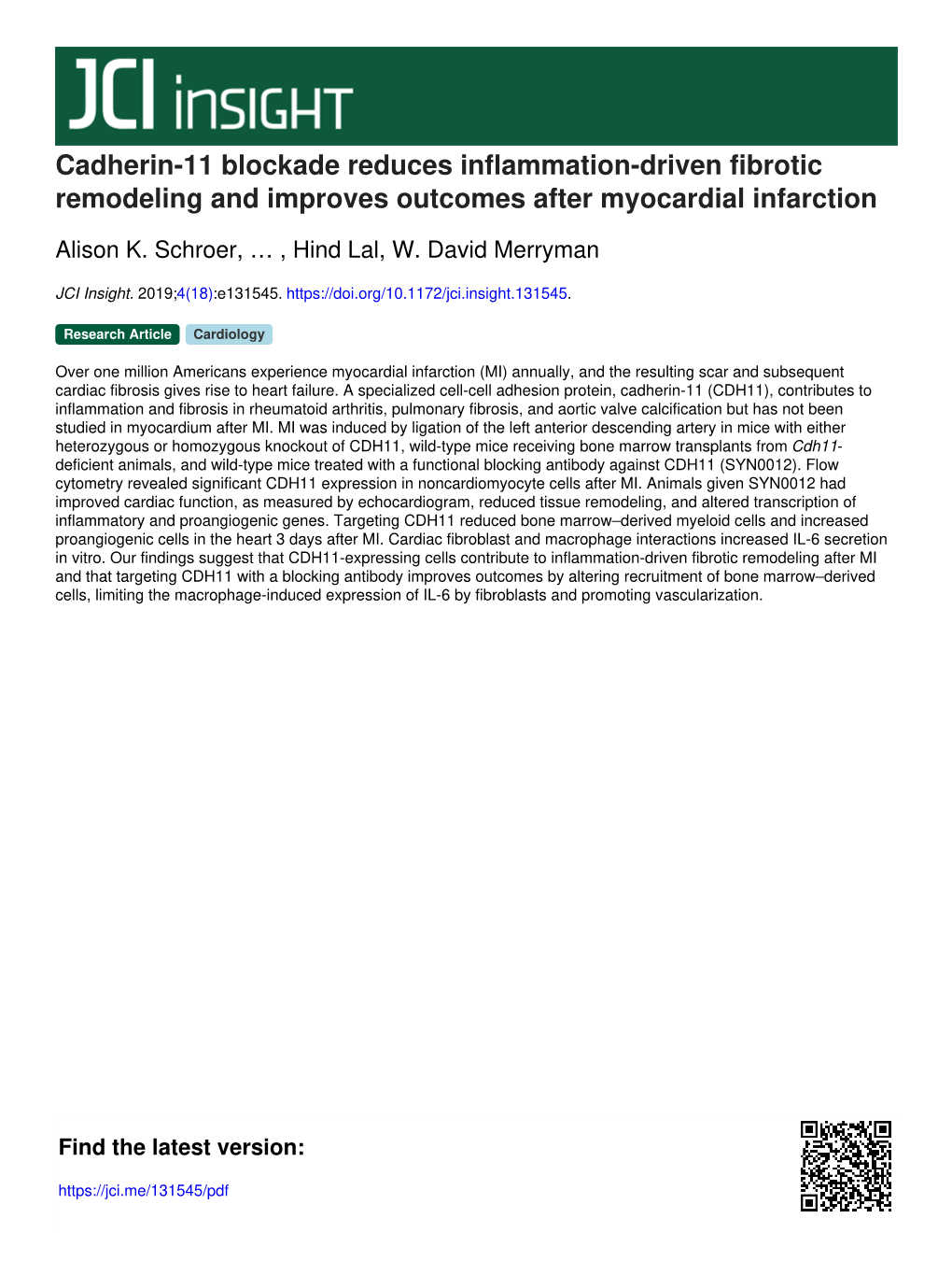 Cadherin-11 Blockade Reduces Inflammation-Driven Fibrotic Remodeling and Improves Outcomes After Myocardial Infarction