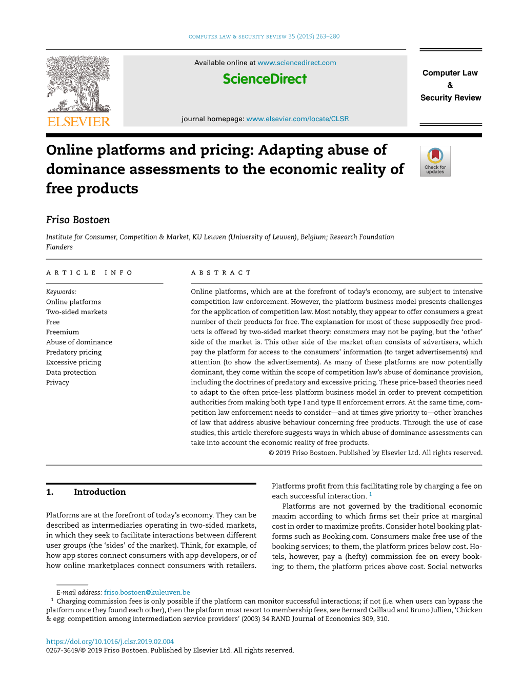 Online Platforms and Pricing: Adapting Abuse of Dominance Assessments to the Economic Reality of Free Products