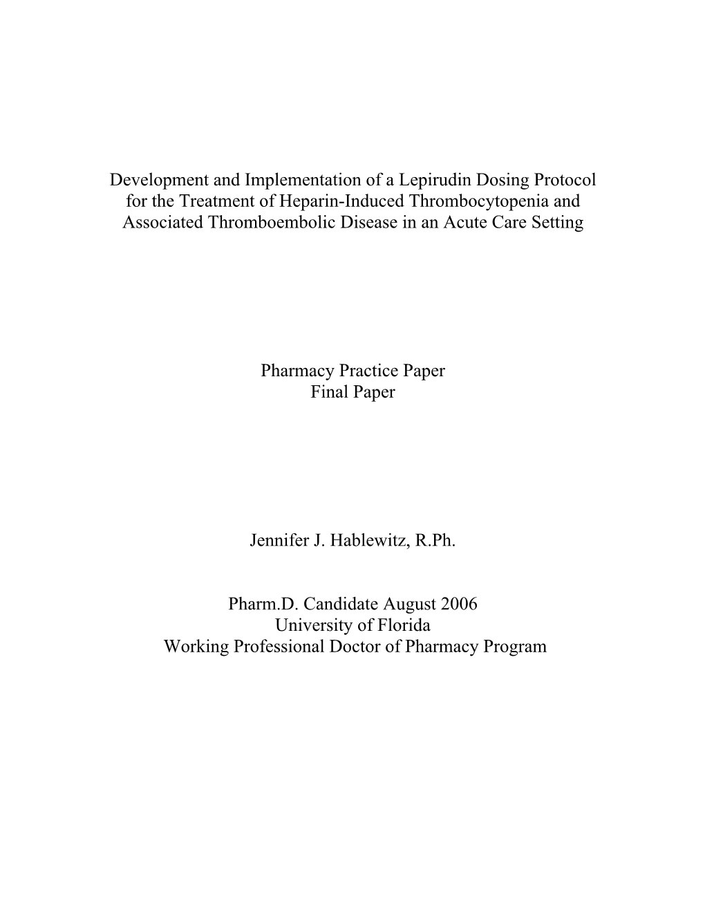 Pdf Lepirudin Dosing Protocol