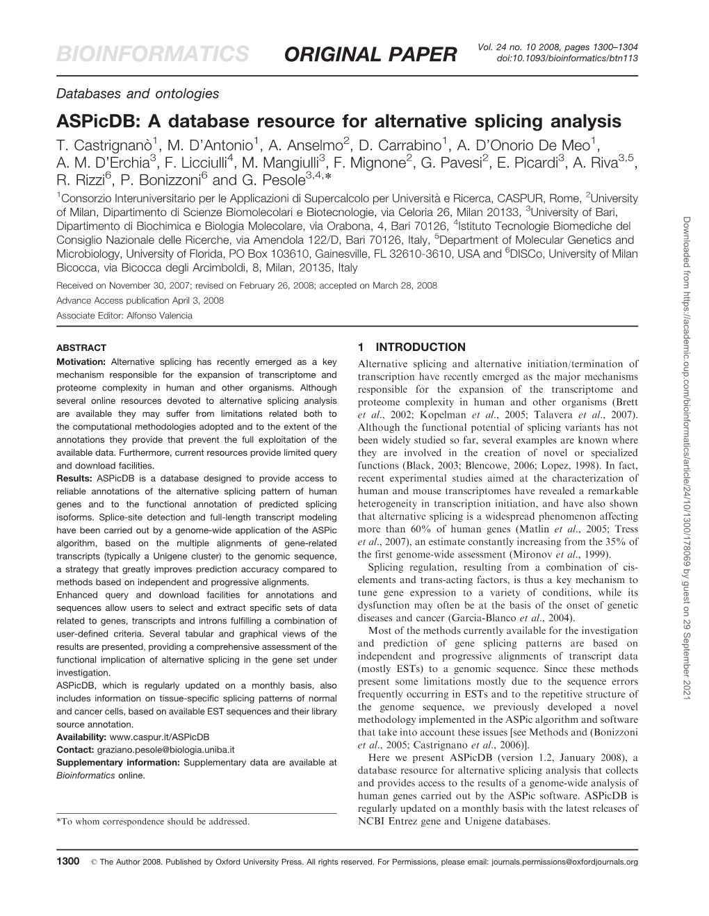 Aspicdb: a Database Resource for Alternative Splicing Analysis T