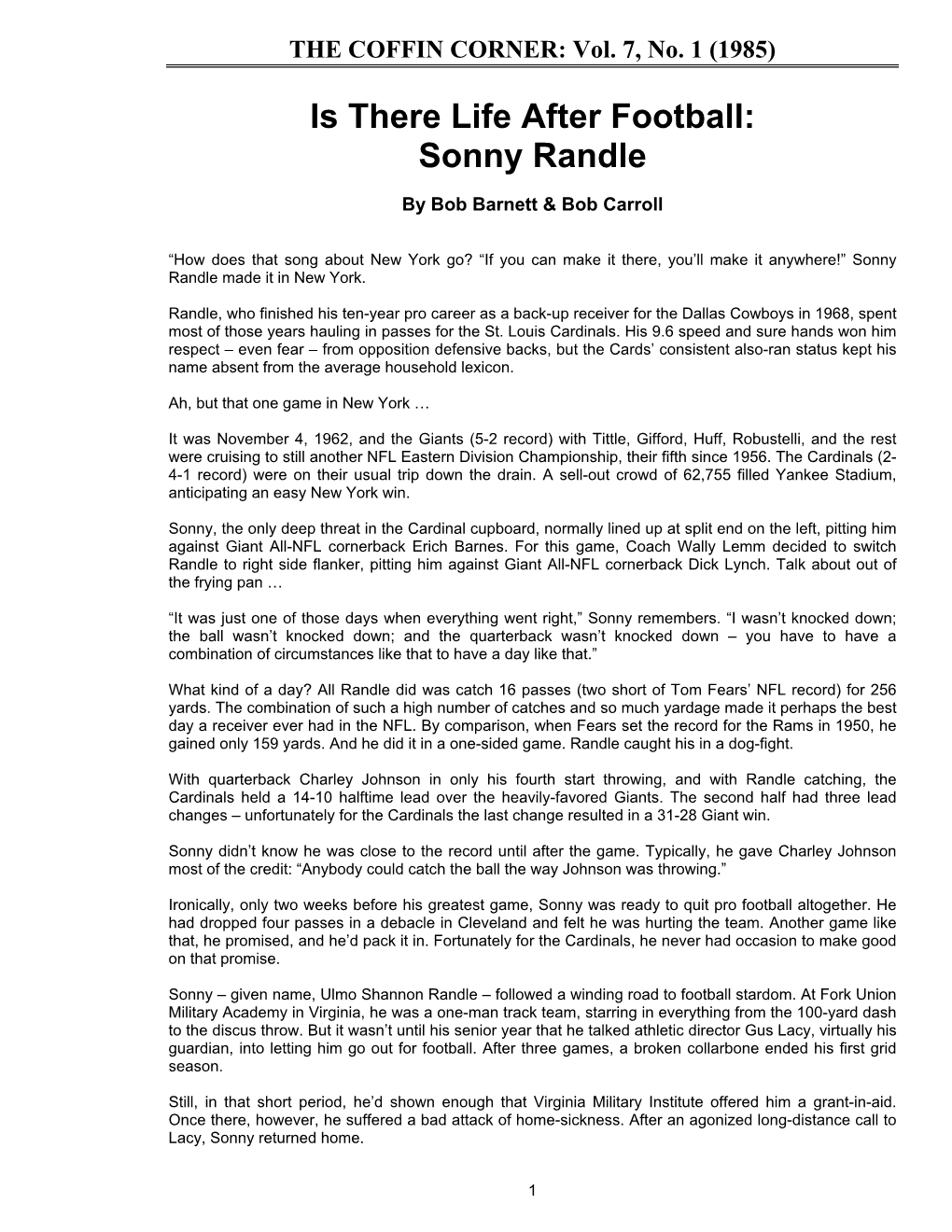 Is There Life After Football: Sonny Randle