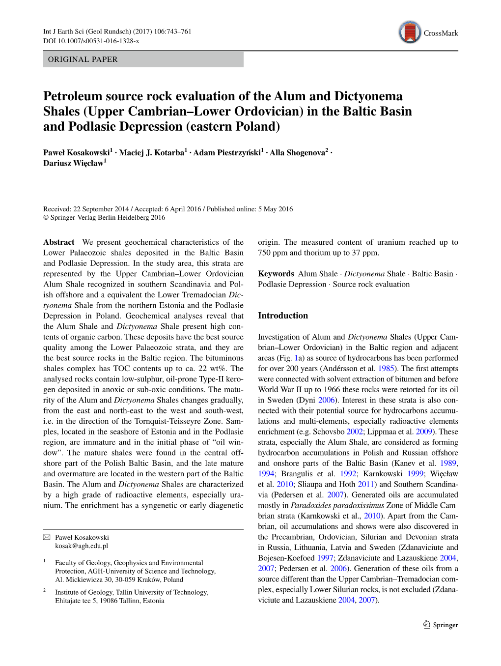 Petroleum Source Rock Evaluation of the Alum and Dictyonema Shales (Upper Cambrian–Lower Ordovician) in the Baltic Basin and Podlasie Depression (Eastern Poland)