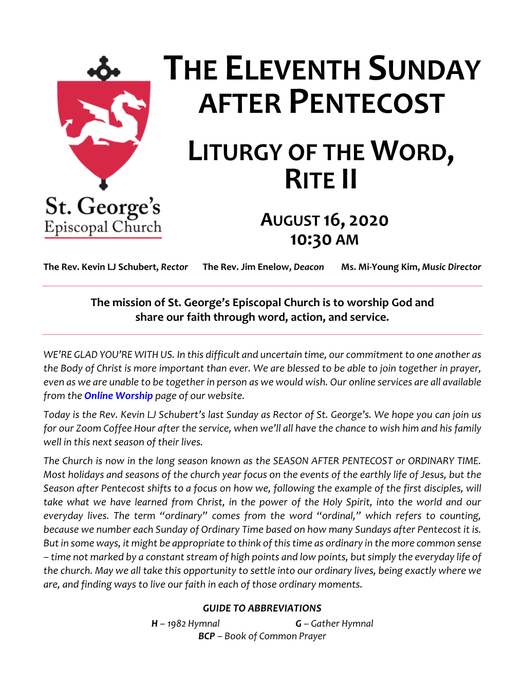 The Eleventh Sunday After Pentecost Liturgy of the Word, Rite Ii