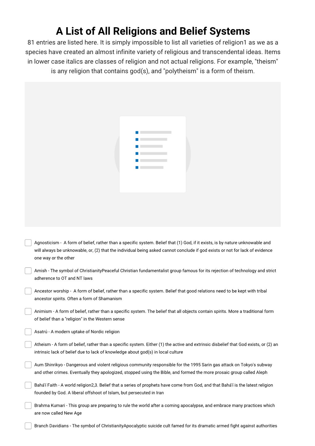 A List of All Religions and Belief Systems 81 Entries Are Listed Here