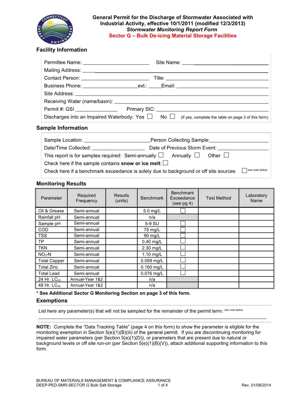 Stormwater Monitoring Reporting Form - Sector G- Bulk De-Icing Material Storage Facilities