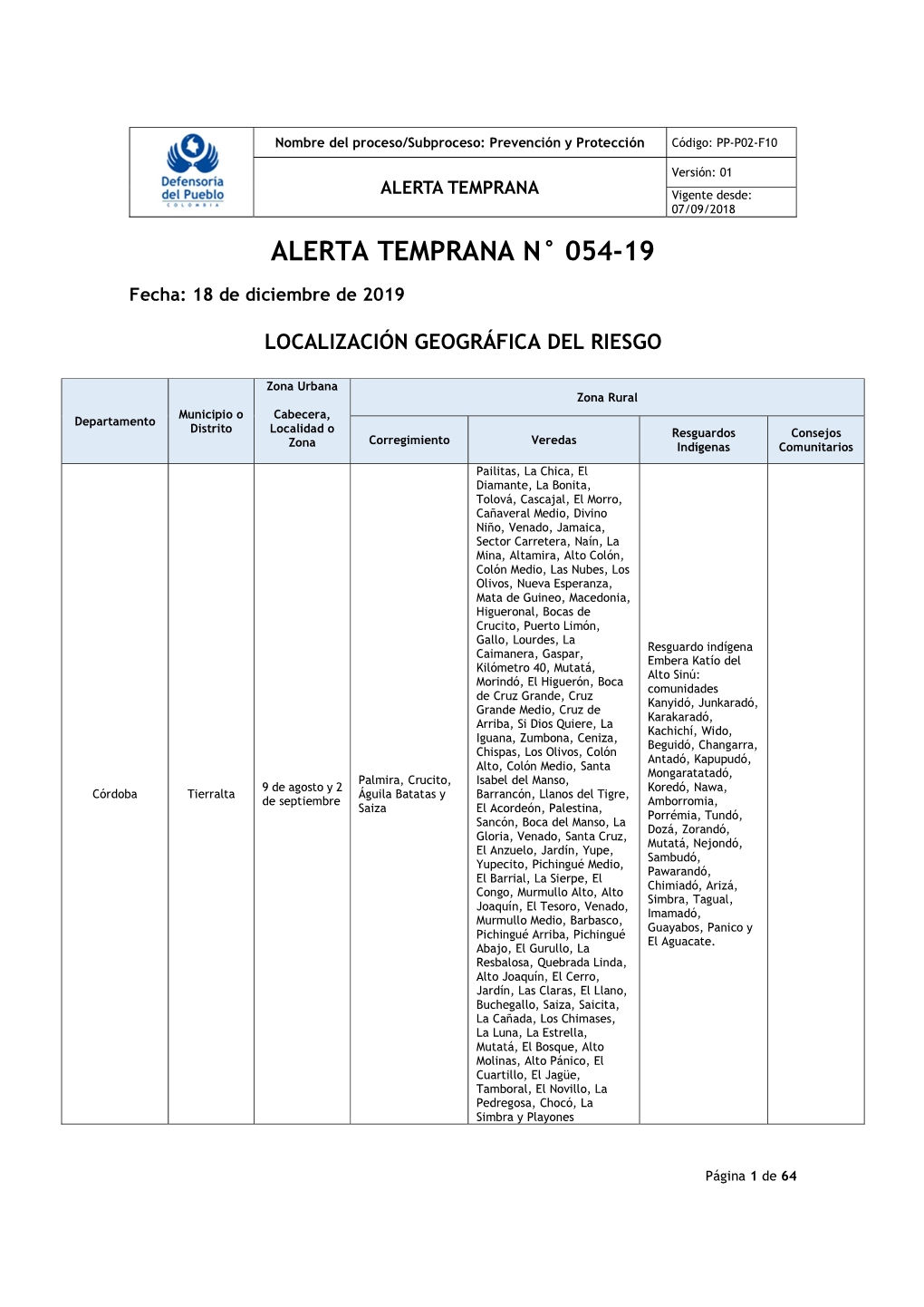 Alerta Temprana N° 054-19