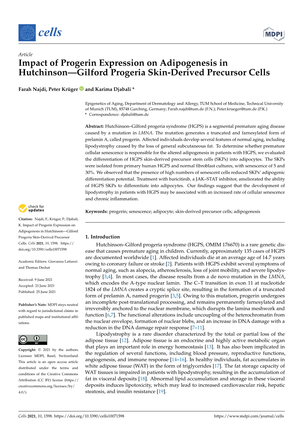 Impact of Progerin Expression on Adipogenesis in Hutchinson—Gilford Progeria Skin-Derived Precursor Cells