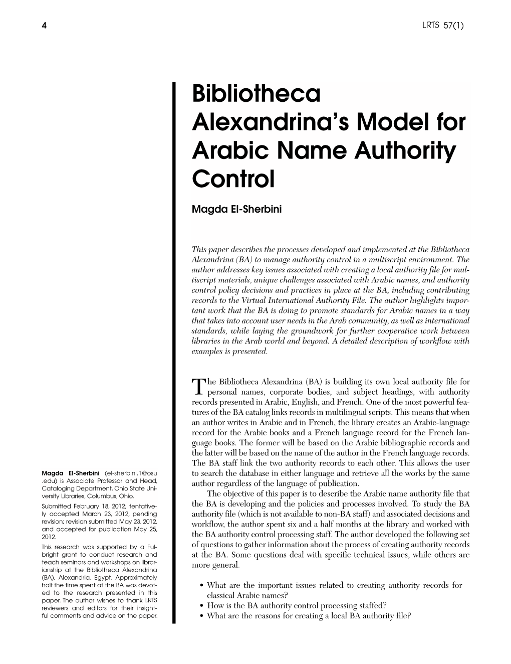 Bibliotheca Alexandrina's Model for Arabic Name Authority Control