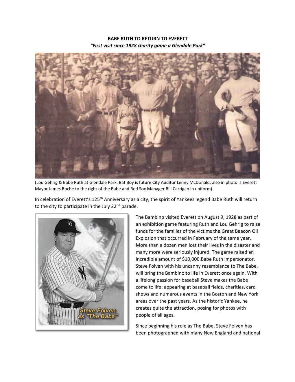 BABE RUTH to RETURN to EVERETT “First Visit Since 1928 Charity Game a Glendale Park”