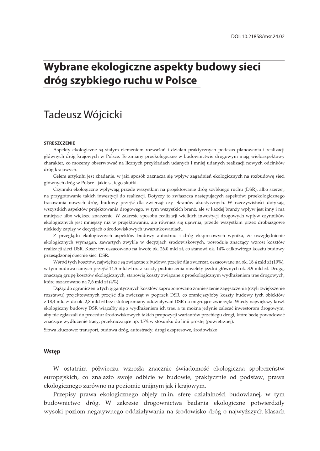 Wybrane Ekologiczne Aspekty Budowy Sieci Dróg Szybkiego Ruchu W Polsce