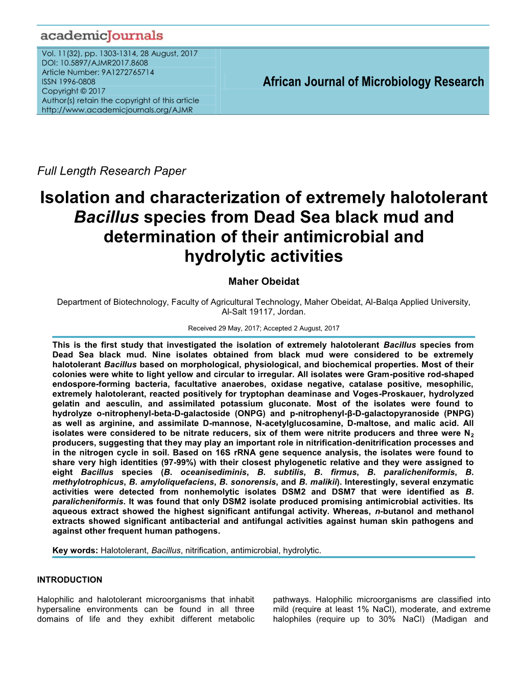 Isolation and Characterization of Extremely Halotolerant Bacillus Species from Dead Sea Black Mud and Determination of Their Antimicrobial and Hydrolytic Activities