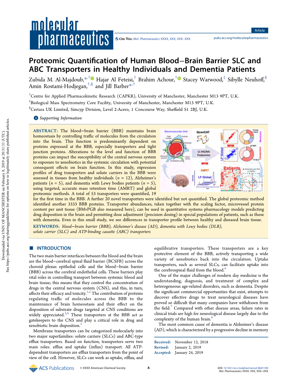 Proteomic Quantification of Human Blood–Brain Barrier SLC and ABC