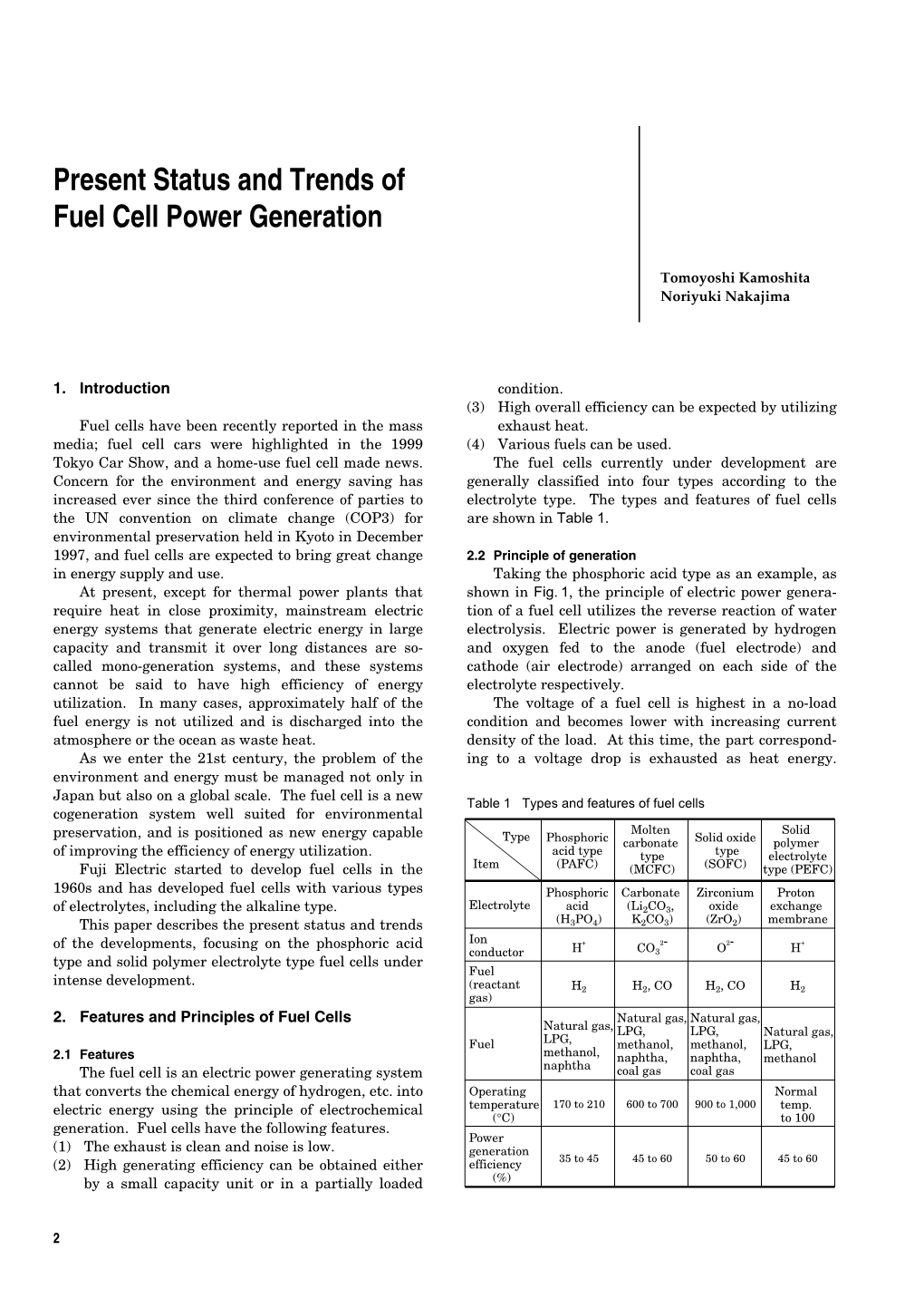 Present Status and Trends of Fuel Cell Power Generation