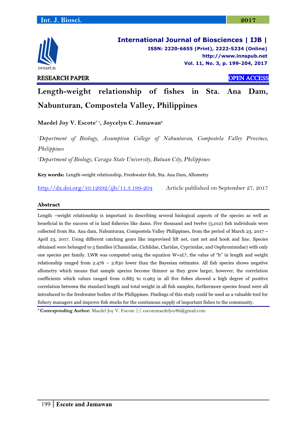 Length-Weight Relationships of Fishes in St. Ana Dam, Nabunturan