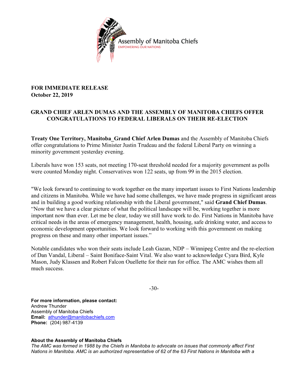 FOR IMMEDIATE RELEASE October 22, 2019