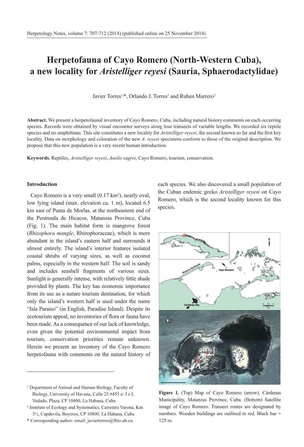 Herpetofauna of Cayo Romero (North-Western Cuba), a New Locality for Aristelliger Reyesi (Sauria, Sphaerodactylidae)