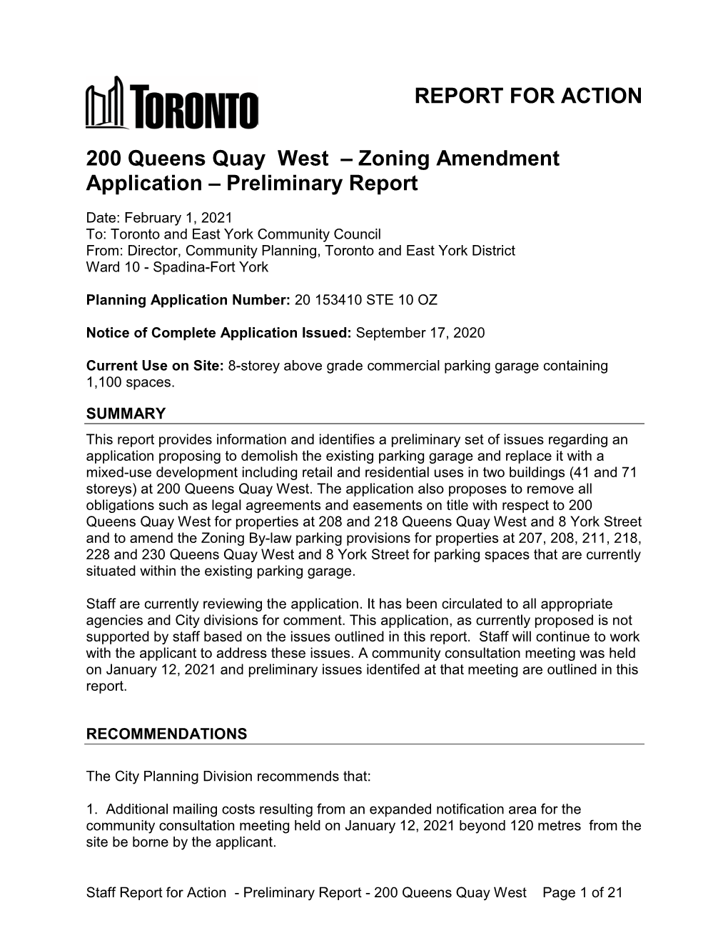 200 Queens Quay West – Zoning Amendment Application – Preliminary Report