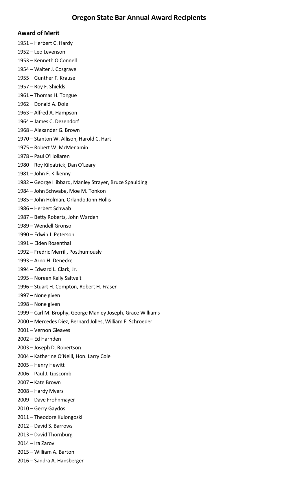 Oregon State Bar Annual Award Recipients