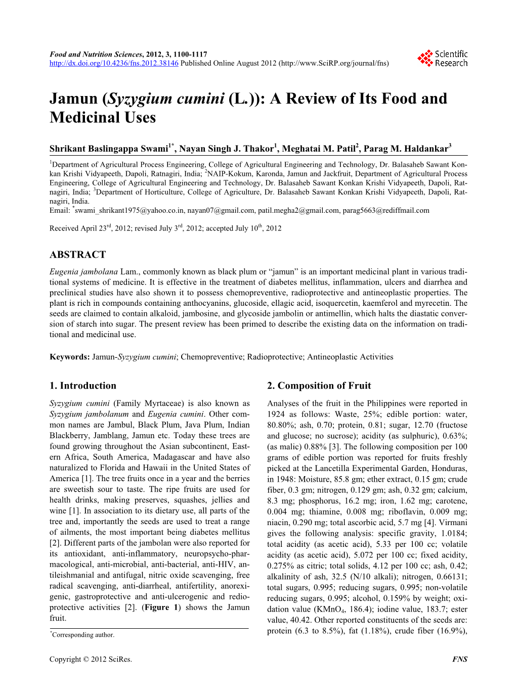 Jamun (Syzygium Cumini (L.)): a Review of Its Food and Medicinal Uses