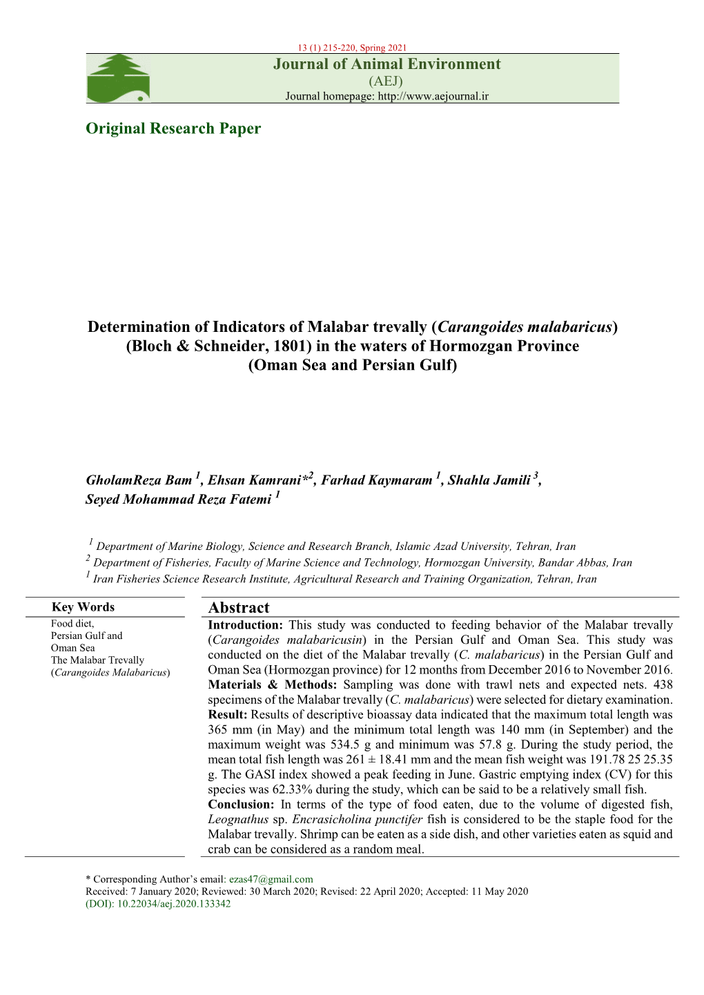 Determination of Indicators of Malabar Trevally (Carangoides Malabaricus) (Bloch & Schneider, 1801) in the Waters of Hormozgan Province (Oman Sea and Persian Gulf)