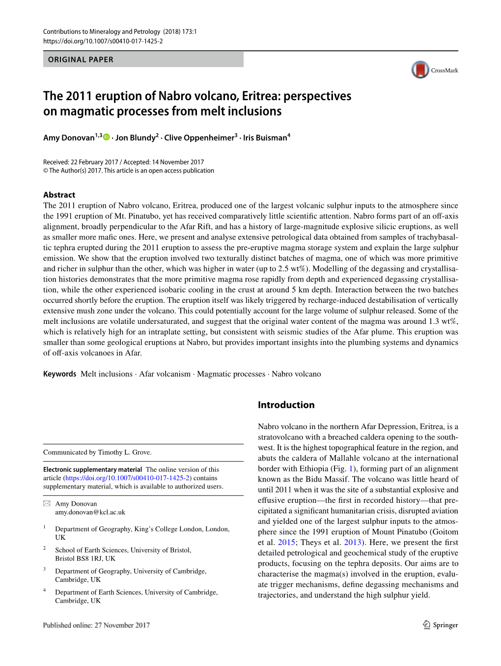 The 2011 Eruption of Nabro Volcano, Eritrea: Perspectives on Magmatic Processes from Melt Inclusions