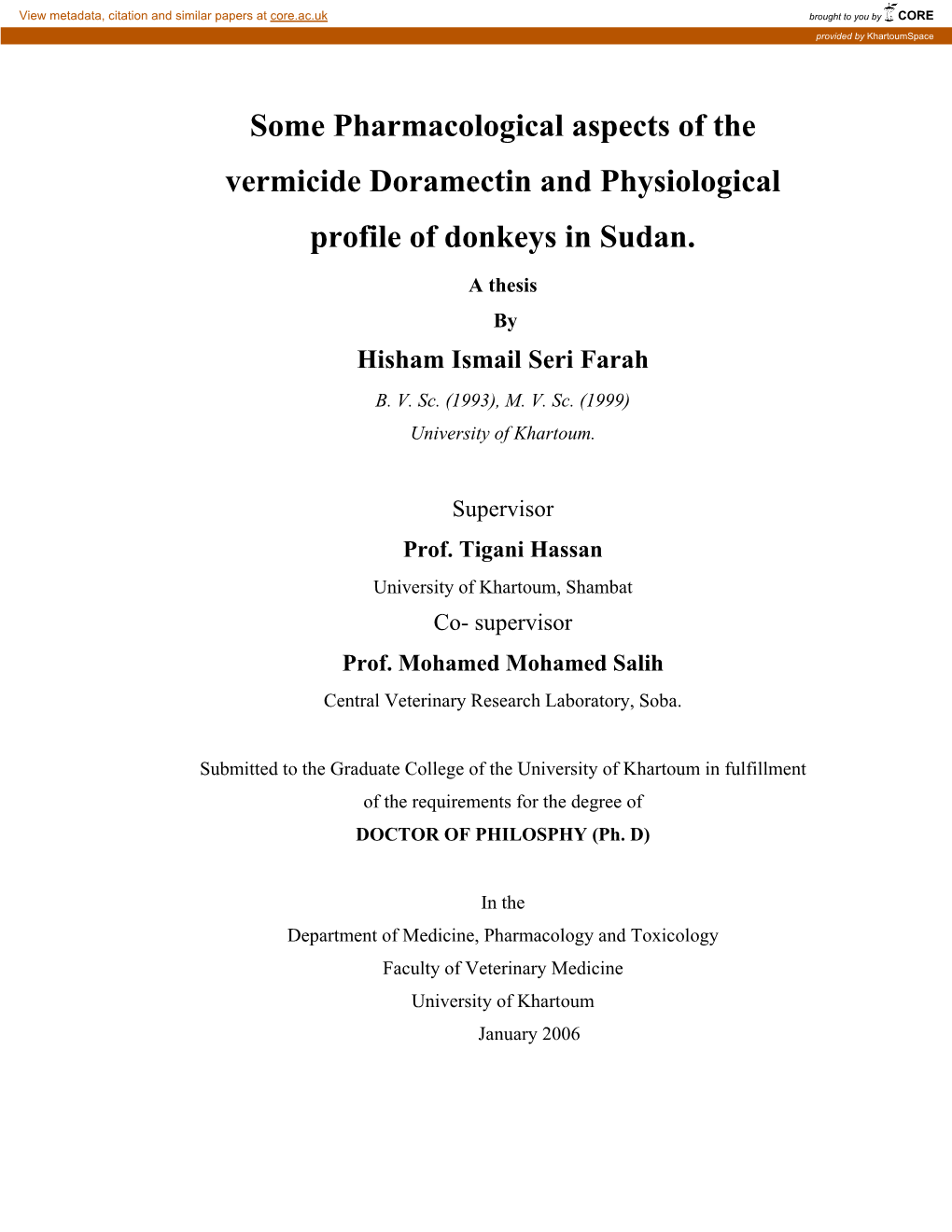 Some Pharmacological Aspects of the Vermicide Doramectin and Physiological Profile of Donkeys in Sudan