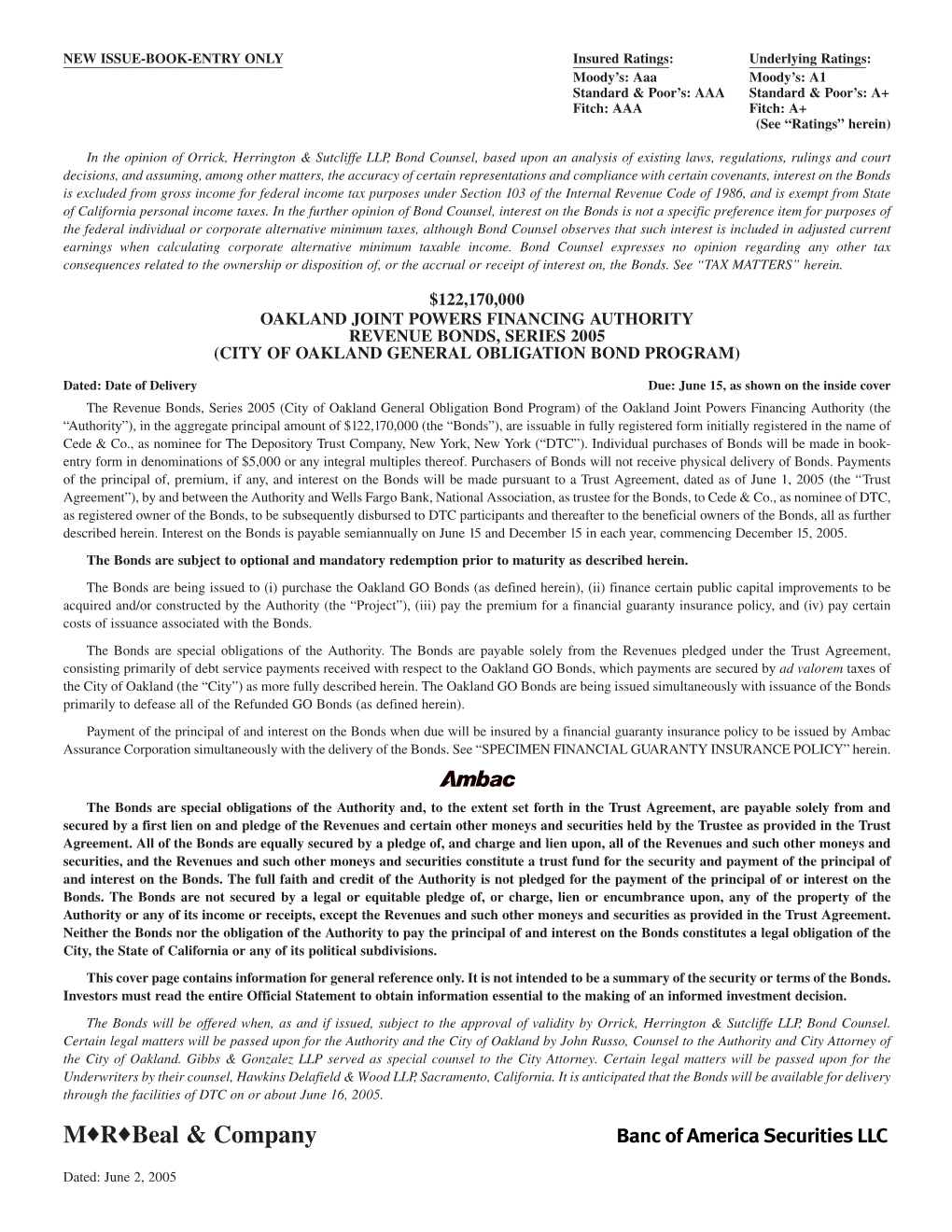 Oakland Joint Powers Financing Authority Revenue Bonds, Series 2005 (City of Oakland General Obligation Bond Program)