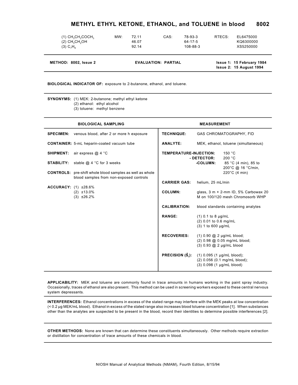 METHYL ETHYL KETONE, ETHANOL, and TOLUENE in Blood 8002