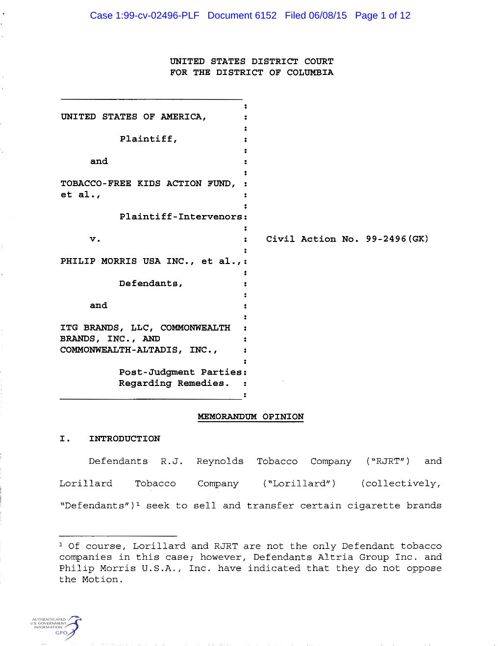 Case 1:99-Cv-02496-PLF Document 6152 Filed 06/08/15 Page 1 of 12