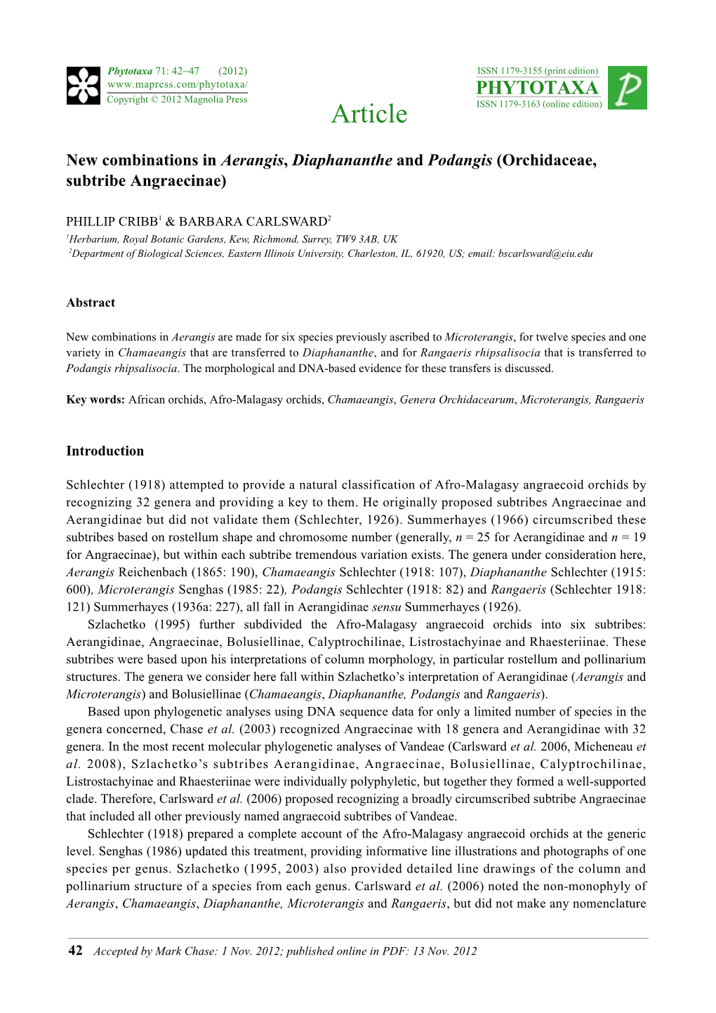 New Combinations in Aerangis, Diaphananthe and Podangis (Orchidaceae, Subtribe Angraecinae)