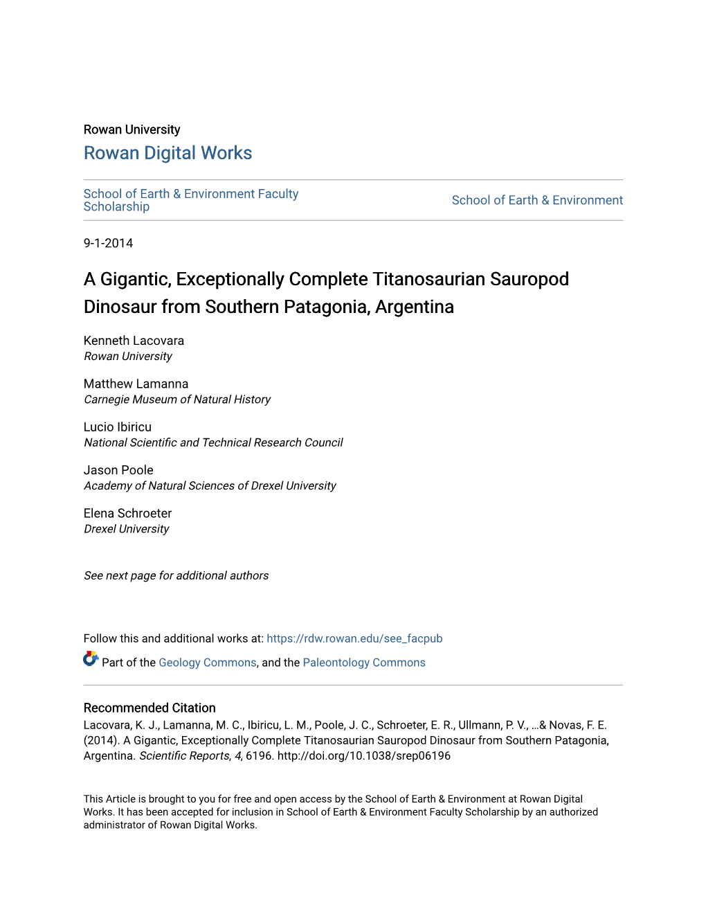 A Gigantic, Exceptionally Complete Titanosaurian Sauropod Dinosaur from Southern Patagonia, Argentina