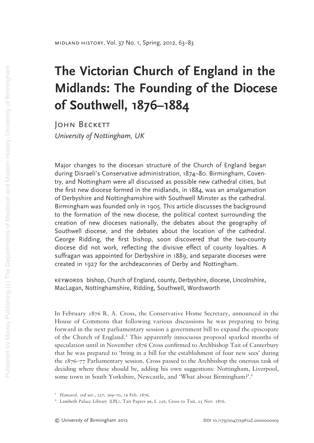 The Victorian Church of England in the Midlands: the Founding of the Diocese of Southwell, 1876–1884