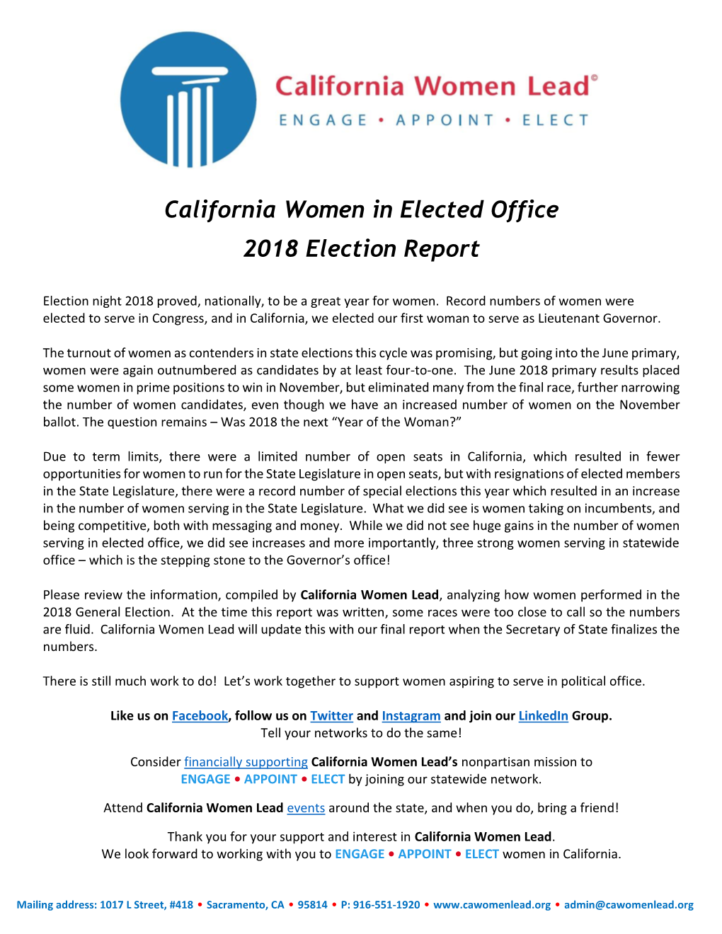 California Women in Elected Office 2018 Election Report