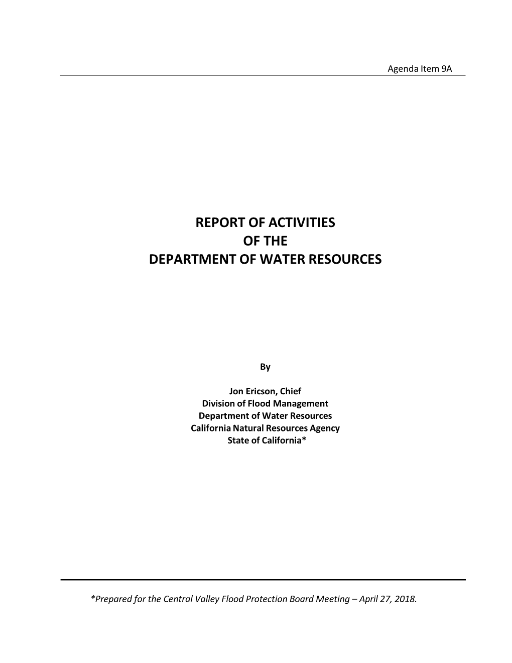 Report of Activities of the Department of Water Resources