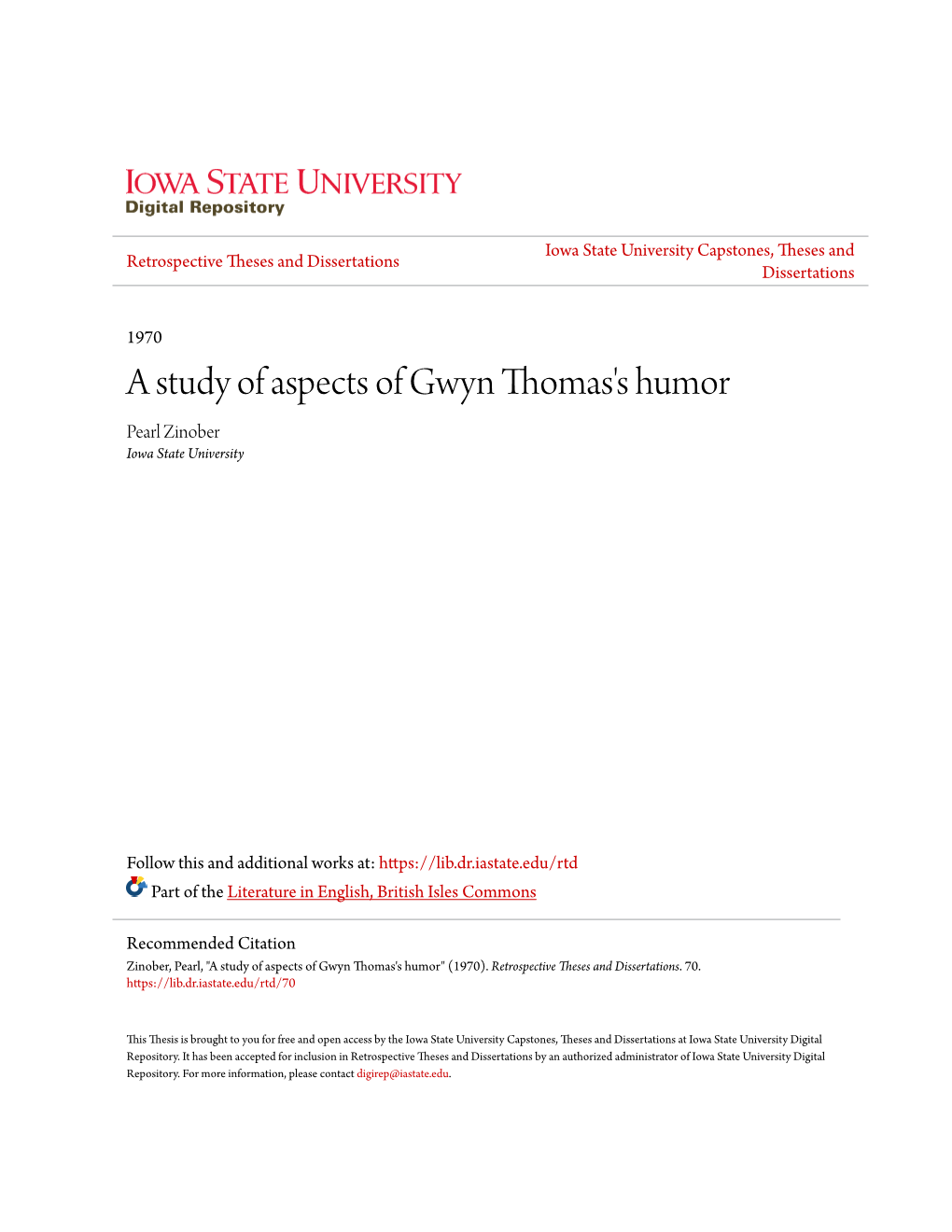 A Study of Aspects of Gwyn Thomas's Humor Pearl Zinober Iowa State University