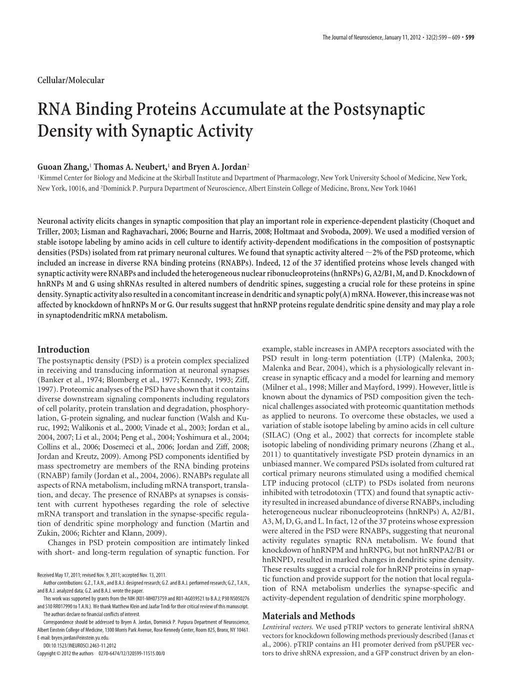 RNA Binding Proteins Accumulate at the Postsynaptic Density with Synaptic Activity