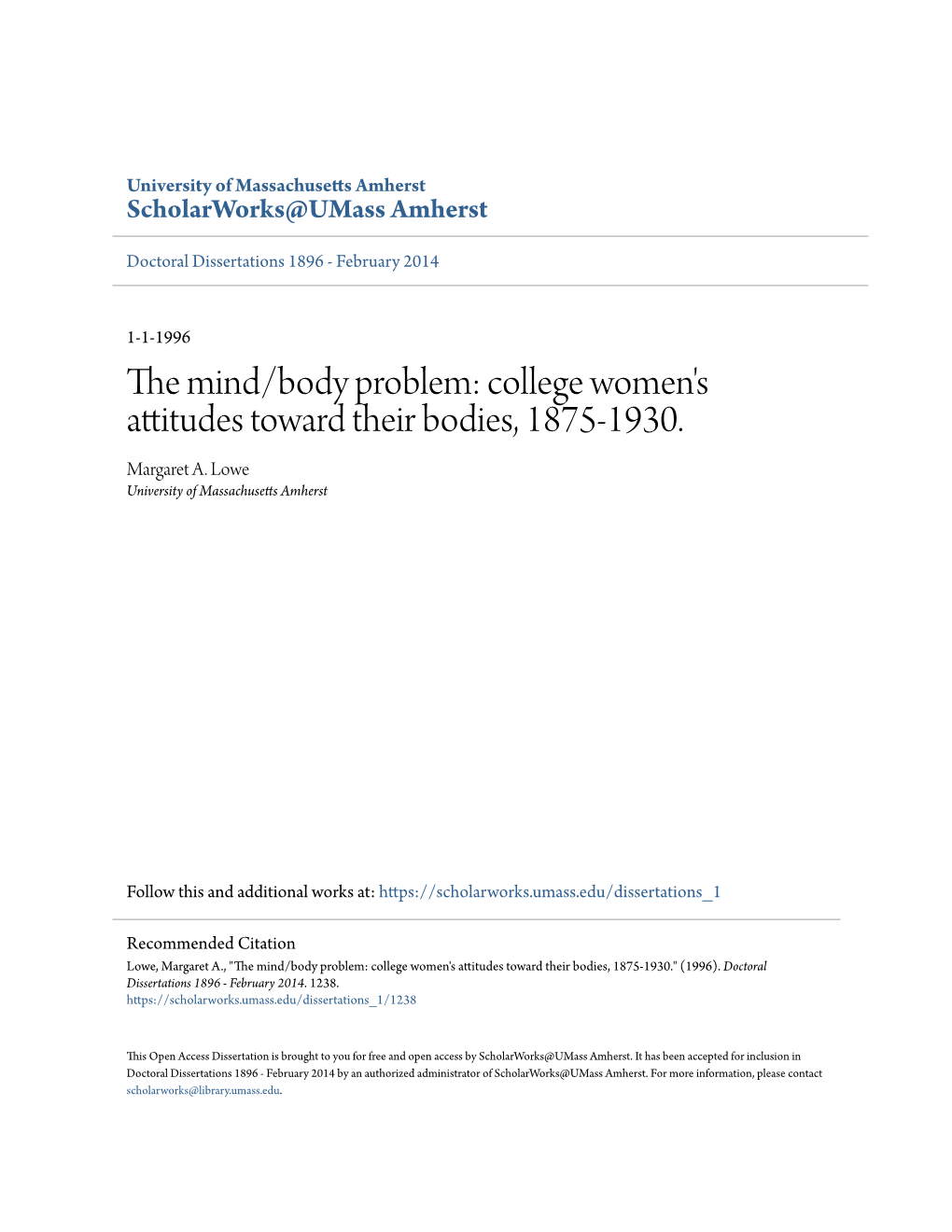 College Women's Attitudes Toward Their Bodies, 1875-1930. Margaret A