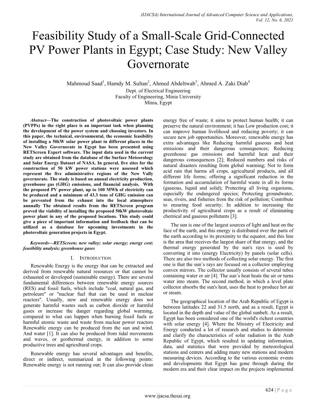 Feasibility Study of a Small-Scale Grid-Connected PV Power Plants in Egypt; Case Study: New Valley Governorate