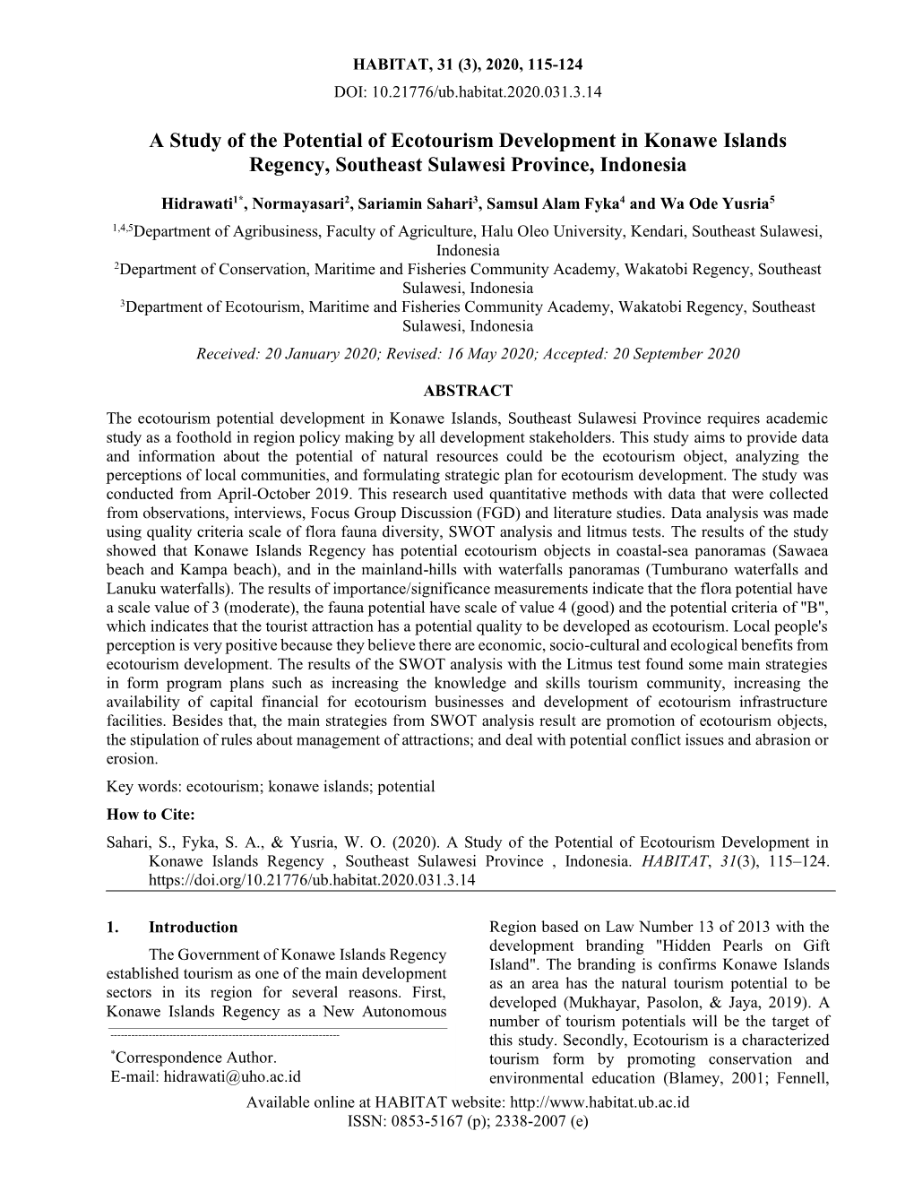 A Study of the Potential of Ecotourism Development in Konawe Islands Regency, Southeast Sulawesi Province, Indonesia
