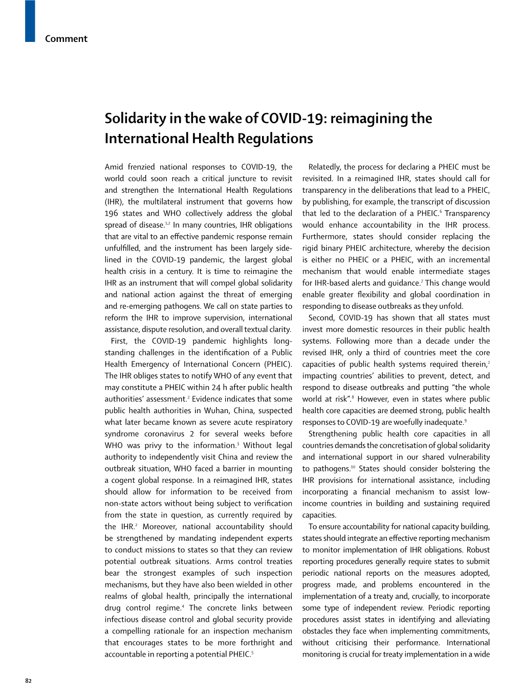 Solidarity in the Wake of COVID-19: Reimagining the International Health Regulations