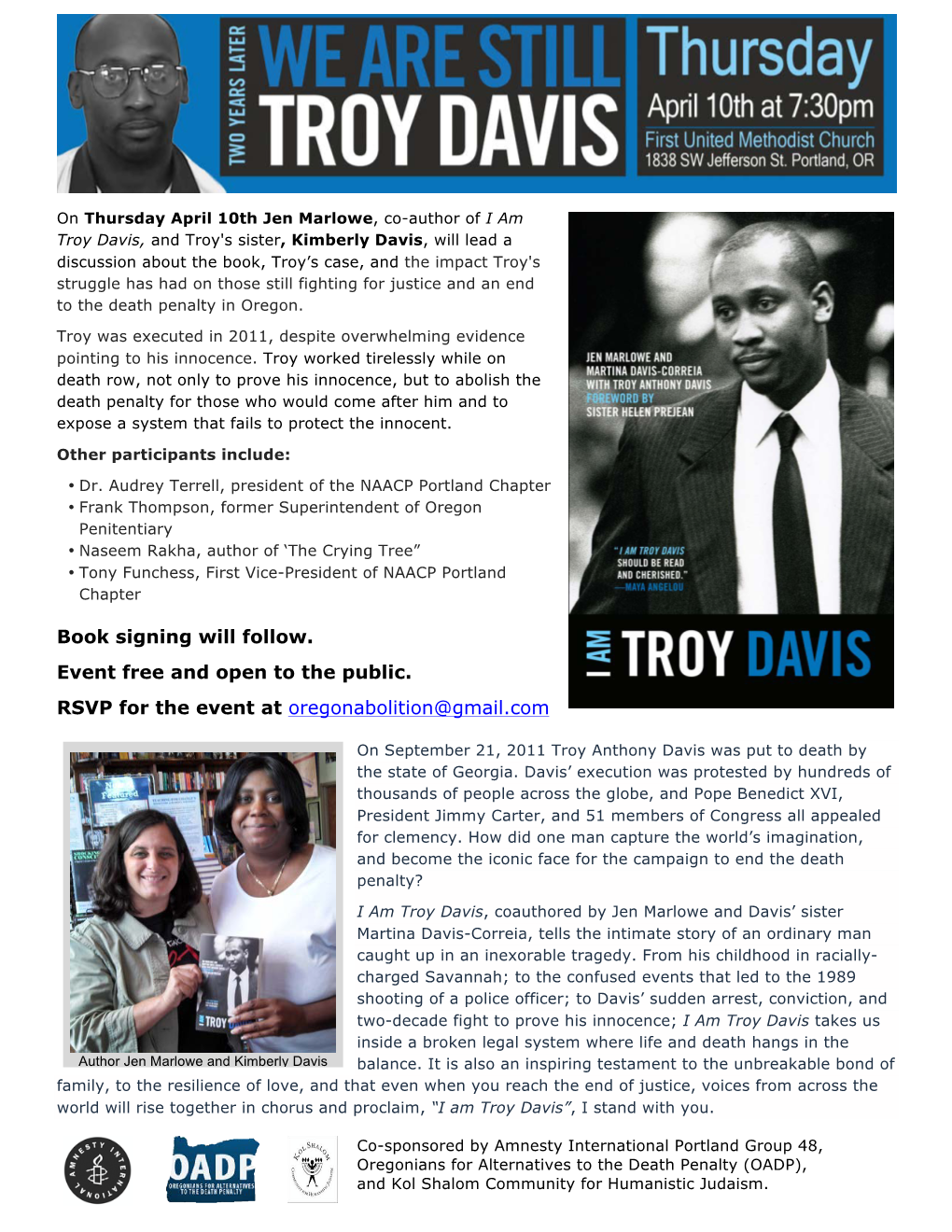 We Are Still Troy Davis April 10Th at 7:30 Pm First United Methodist Church, Fireside Room 1838 SW Jefferson St, Portland