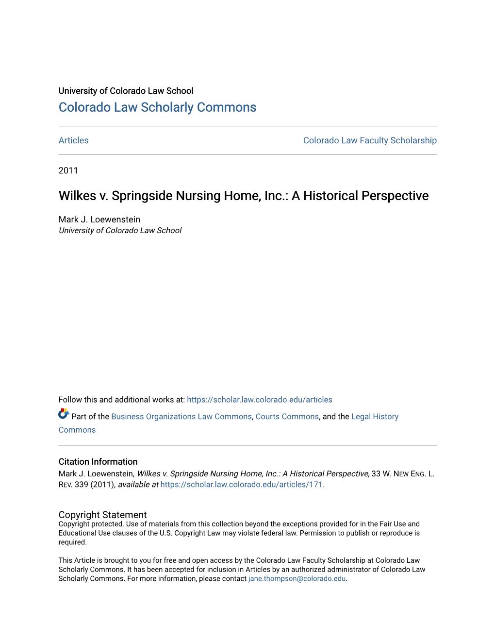 Wilkes V. Springside Nursing Home, Inc.: a Historical Perspective