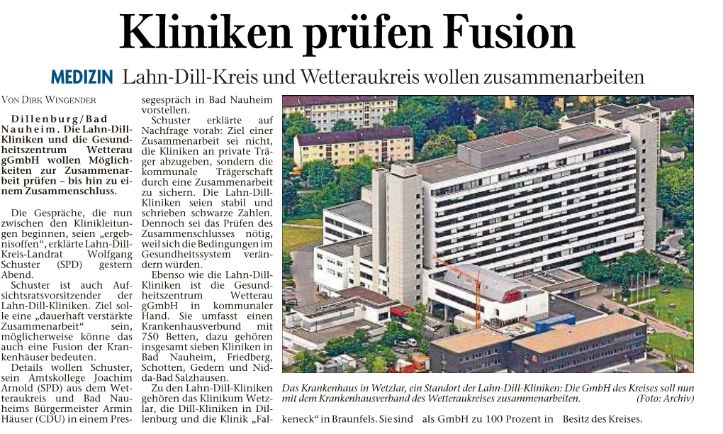 Kliniken Prüfen Fusion MEDIZIN Lahn-Dill-Kreis Und Wetteraukreis Wollen Zusammenarbeiten