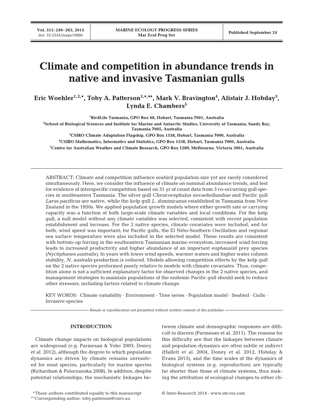 Climate and Competition in Abundance Trends in Native and Invasive Tasmanian Gulls