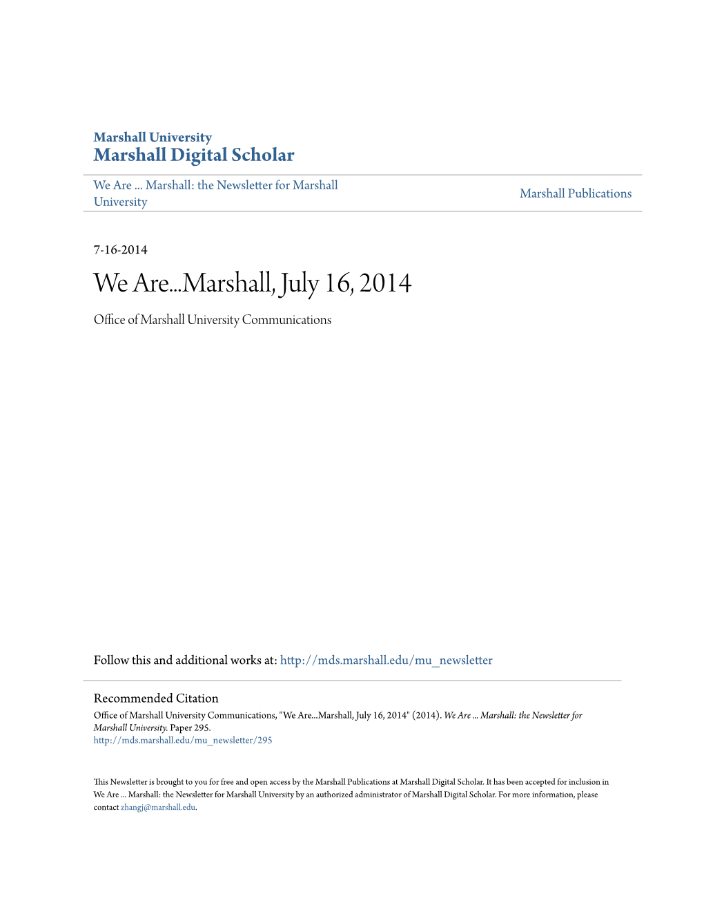 We Are...Marshall, July 16, 2014 Office Ofa M Rshall University Communications