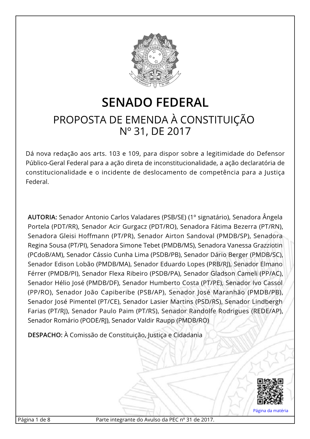 Senado Federal Proposta De Emenda À Constituição Nº 31, De 2017