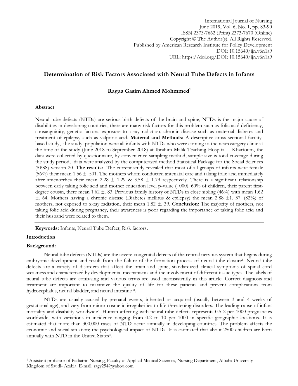 Determination of Risk Factors Associated with Neural Tube Defects in Infants