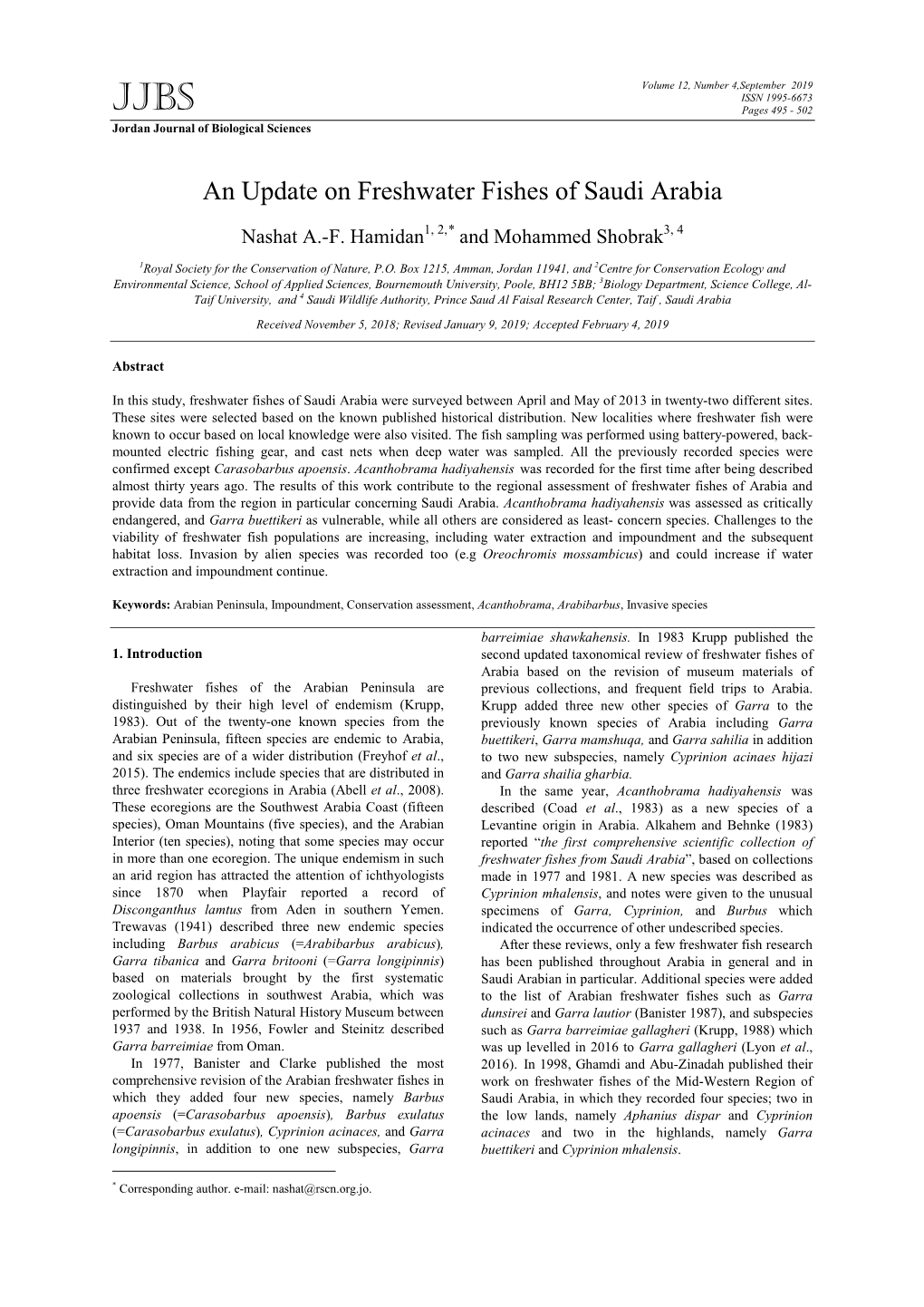 An Update on Freshwater Fishes of Saudi Arabia